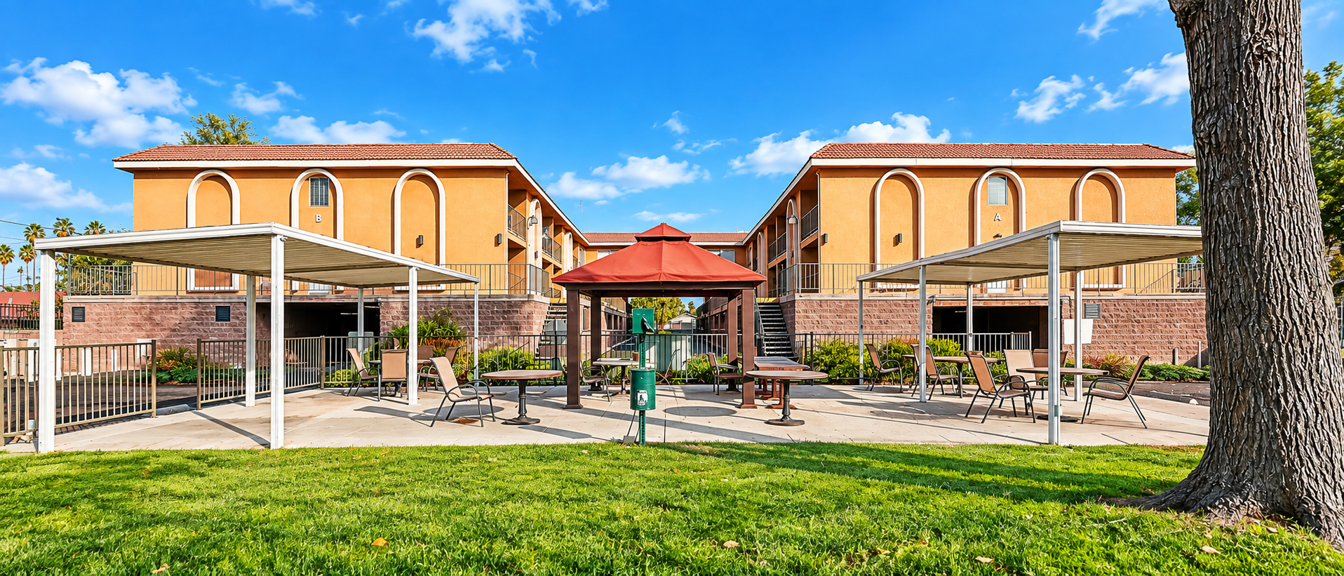 Outdoor patio with shade structures and gazebo